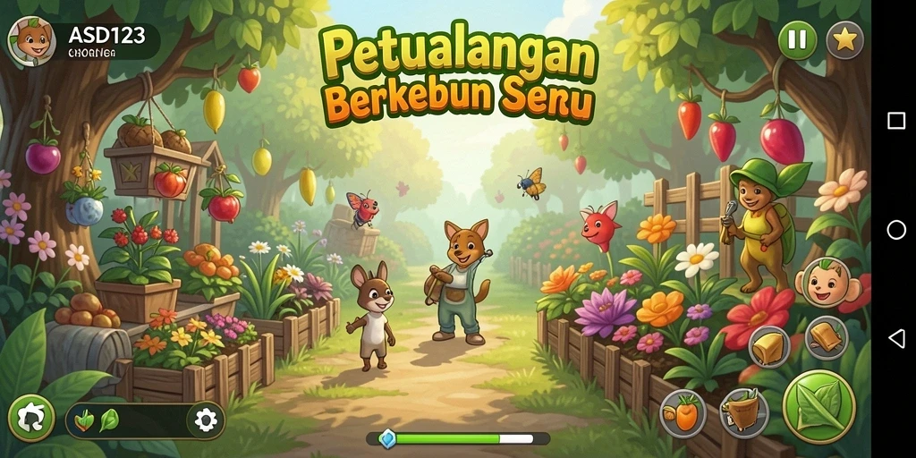 Tangkapan layar gameplay <strong>ASD123</strong> menampilkan kebun yang subur dan penuh warna.