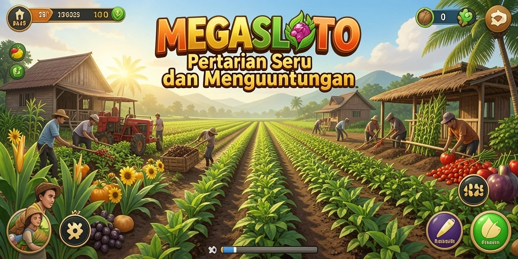 Gameplay menarik MEGASLOTO dengan berbagai tanaman dan petugas pertanian.