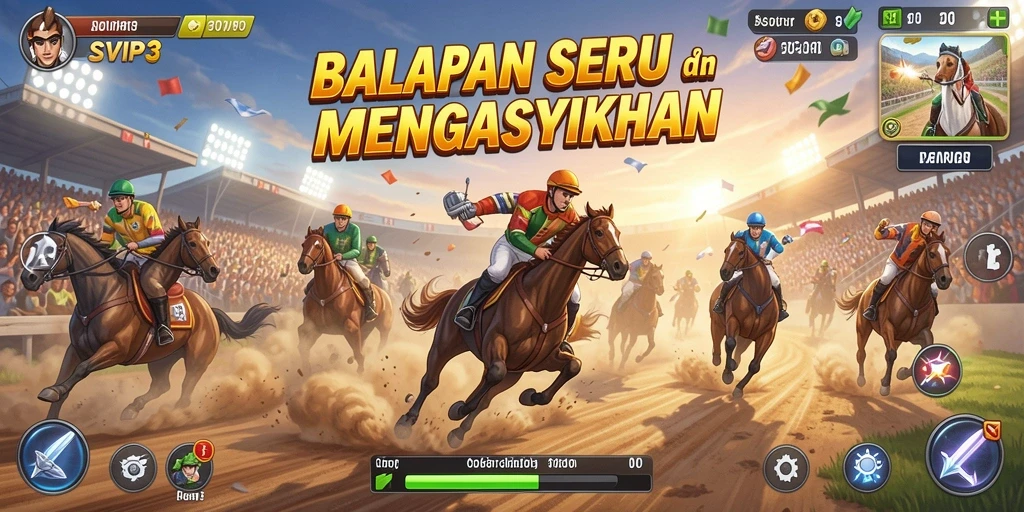 Screenshot gameplay SVIP3 menampilkan balapan intens di lintasan yang menantang.
