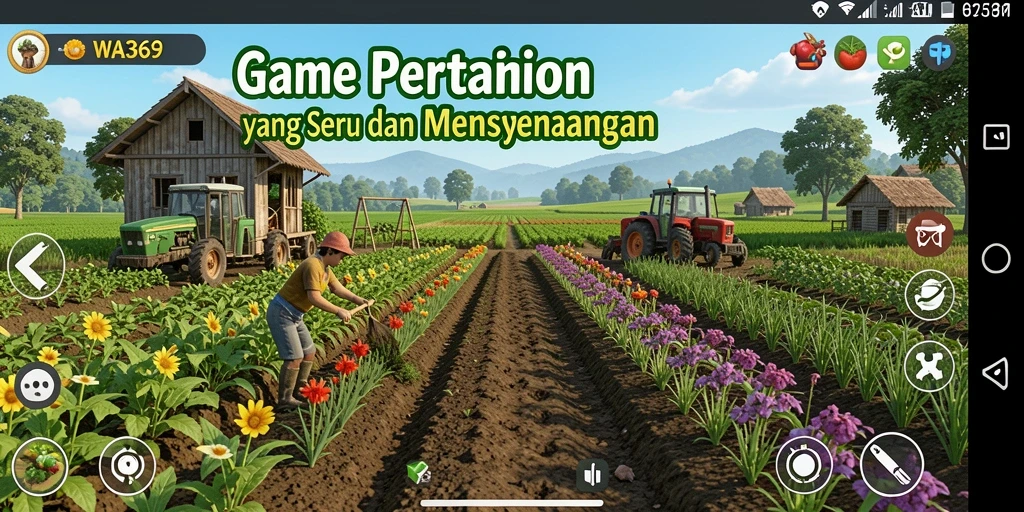 Tangkapan layar gameplay WA369 menunjukkan ladang yang subur dan hewan yang bahagia.